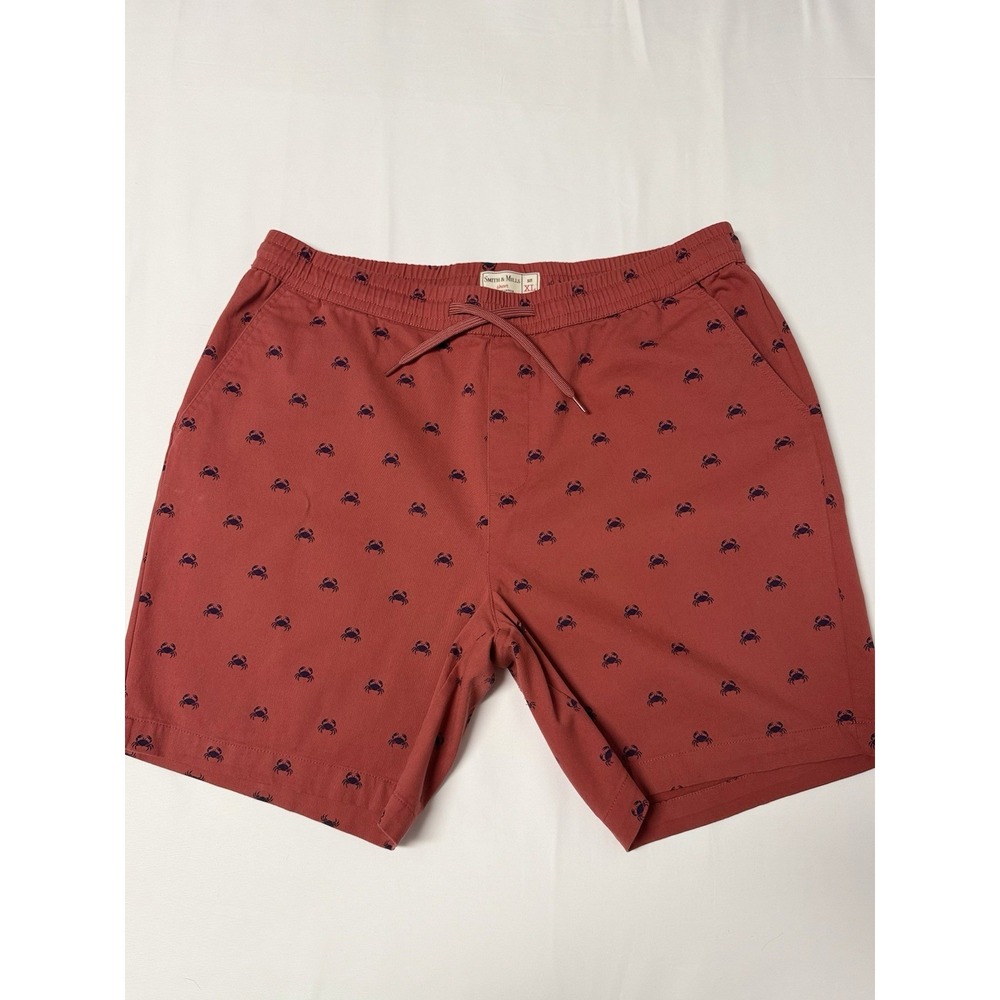 Smith & Mills Men's XL Coral Pink Blue Crab Print Drawstring Chino Shorts